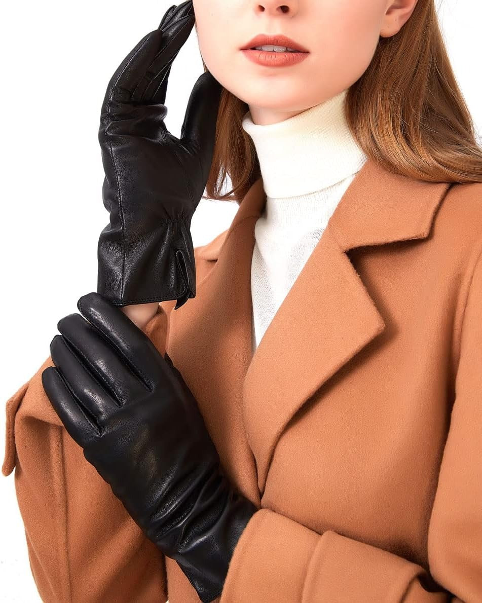 ZLUXURQ Luxury Italian Soft Leather Gloves for Women - Genuine SheepSkin Leather Women’s Cold Weather Gloves Cashmere Lined