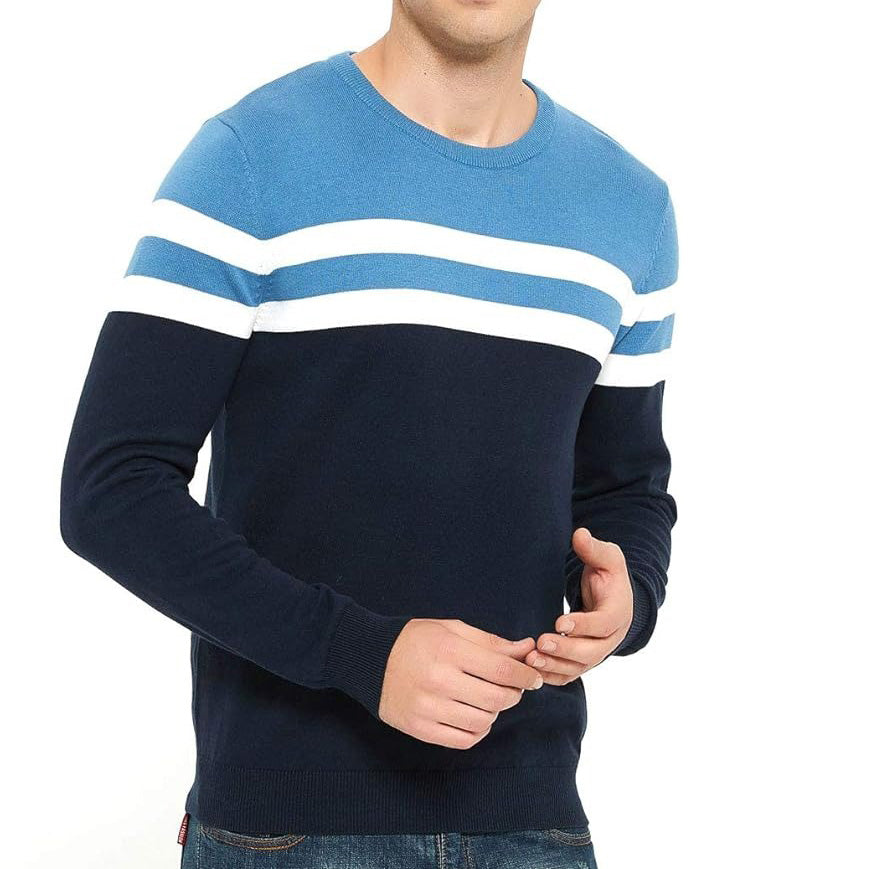 ZLUXURQ Men's Crewneck Long Sleeve Cotton Pullover Soft Color Block Stripes Sweater
