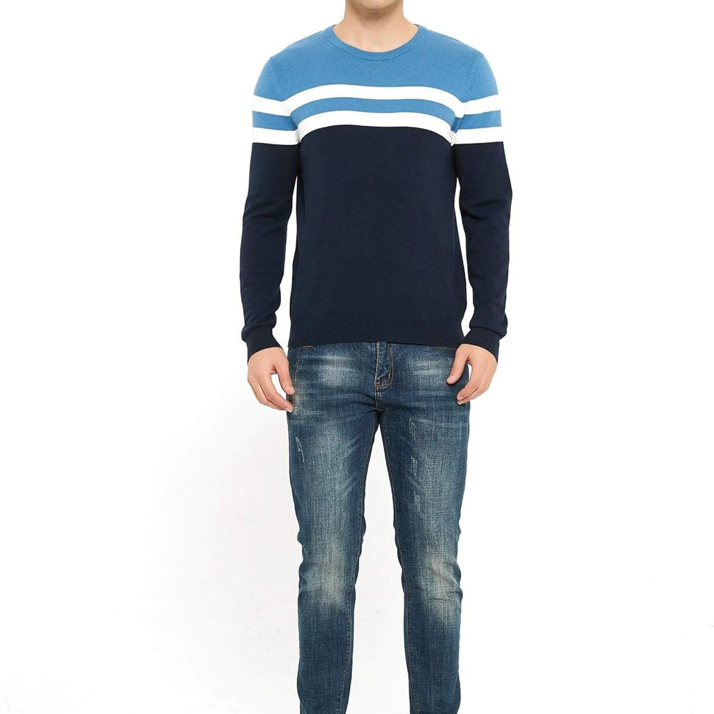 ZLUXURQ Men's Crewneck Long Sleeve Cotton Pullover Soft Color Block Stripes Sweater