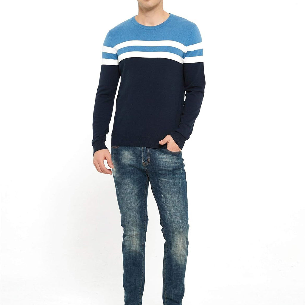 ZLUXURQ Men's Crewneck Long Sleeve Cotton Pullover Soft Color Block Stripes Sweater